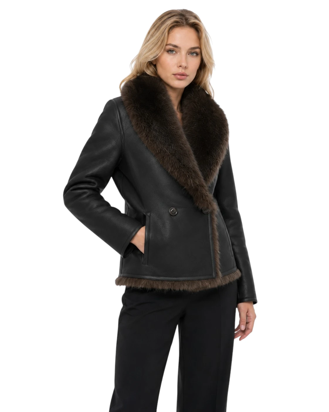 Damen Wendejacke Beate in dunkelbrauner Lederlook-Optik mit großem braunem Kunstfellkragen