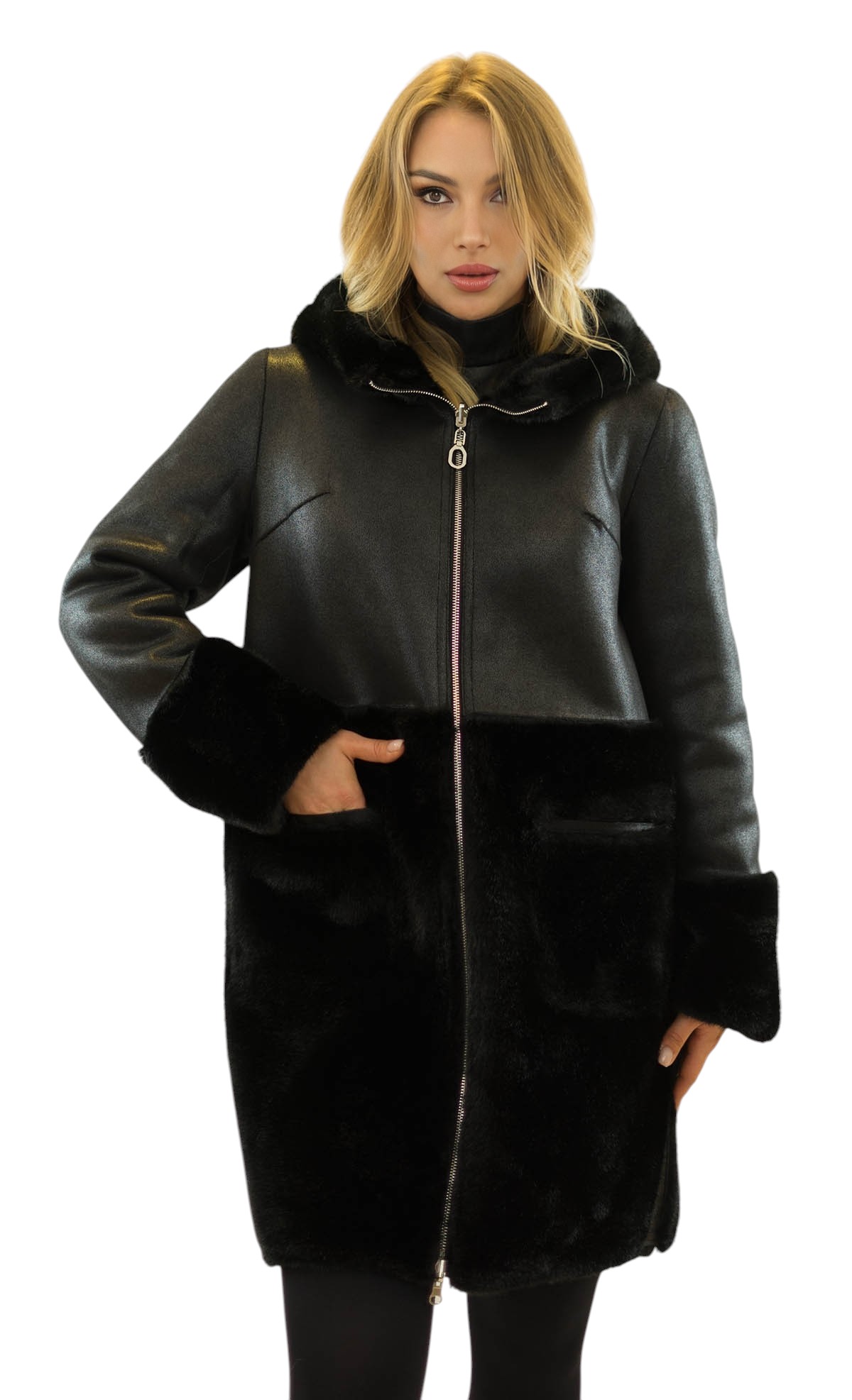 Wintermantel Damen Faux Fur in Nerzoptik und Lederoptik Kunstfellmantel Kunstleder