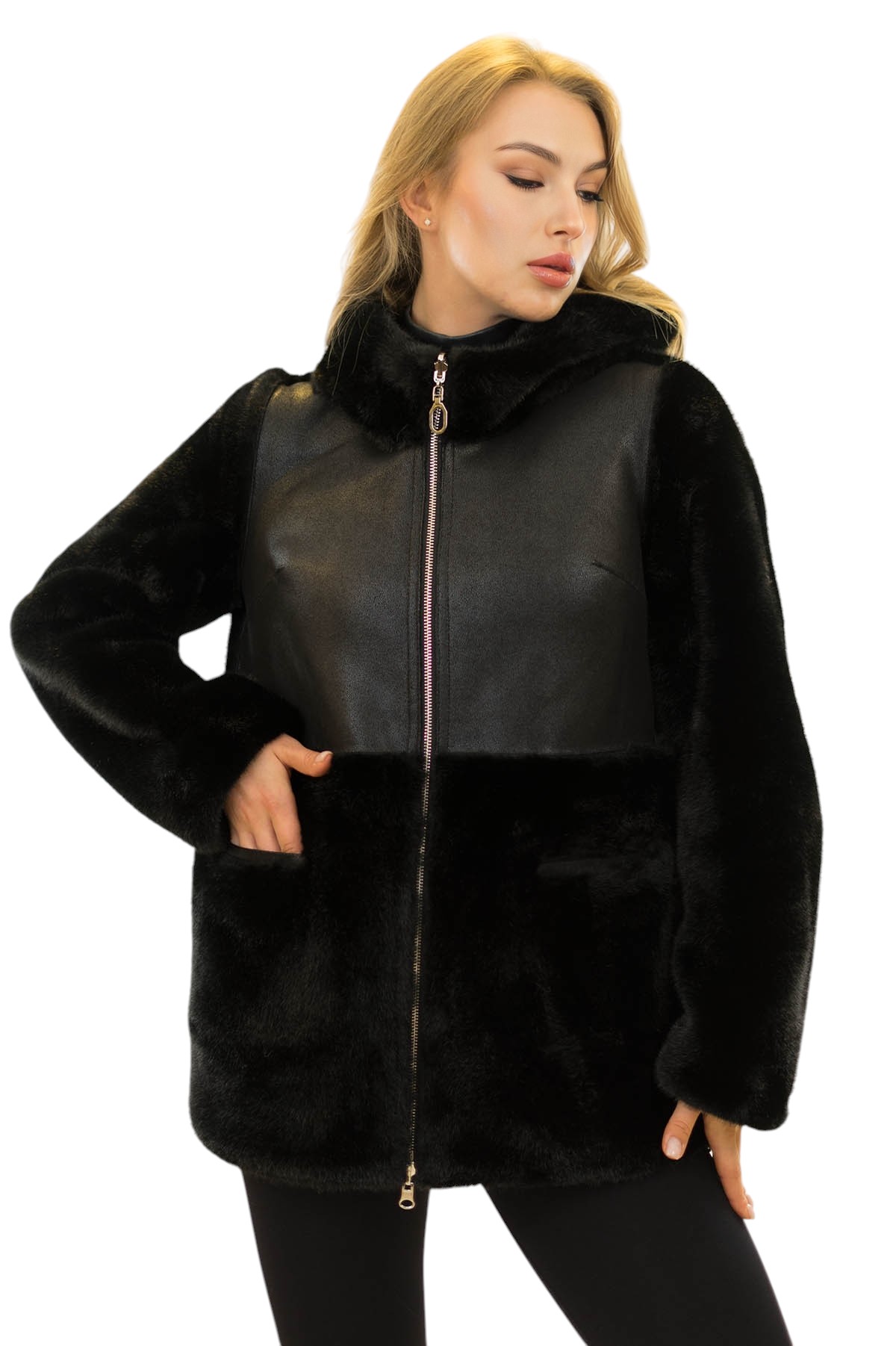 Wendejacke Damen Faux Fur Nerzstruktur Lederoptik