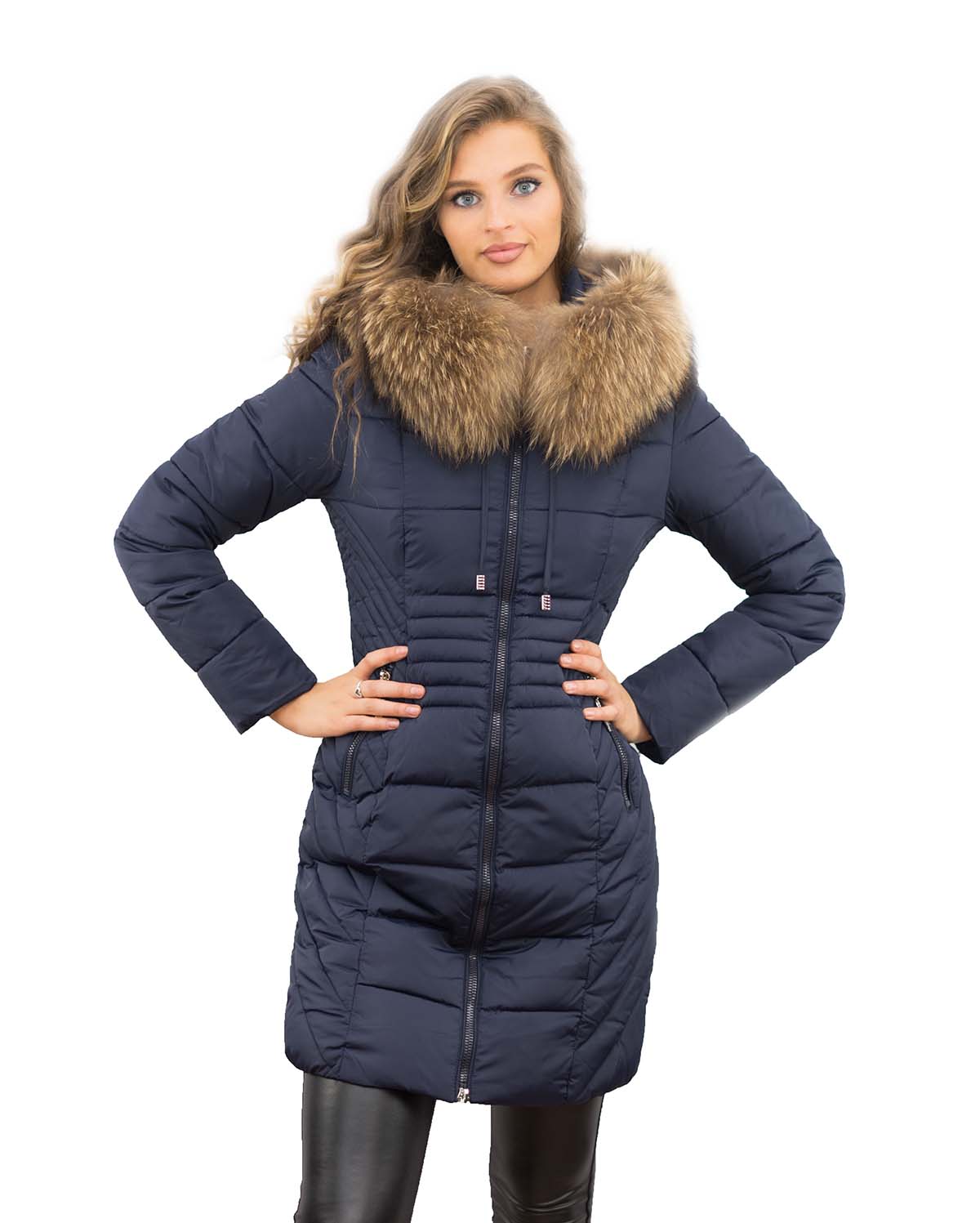 Wintermantel Pelzbesatz Finnraccoon Echtfell Farbe blau