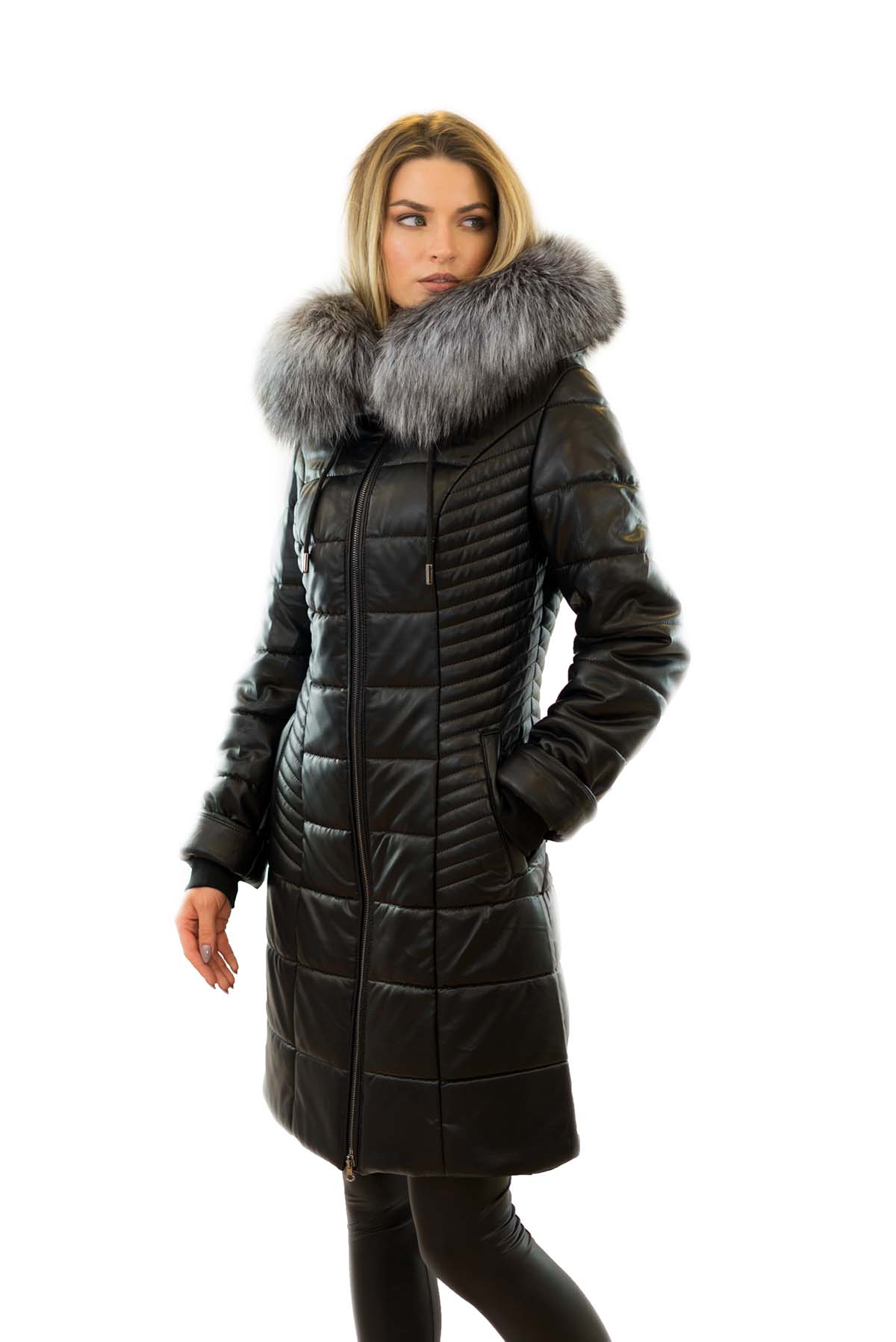 Eco Ledermantel schwarz mit Echtpelz Echtpelzkragen Silberfuchs xxlpelzkragen Eco Leder Kamelhaarfüllung