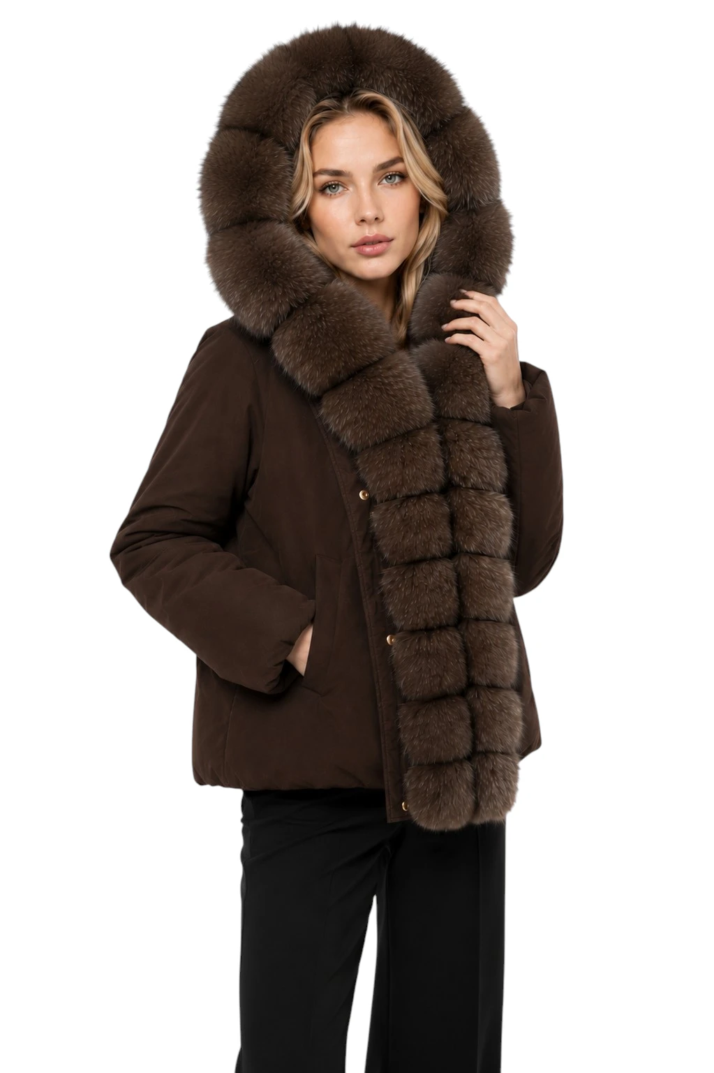 Kurze braune Damen Daunenjacke „Svava“ mit Fuchs Echtfell