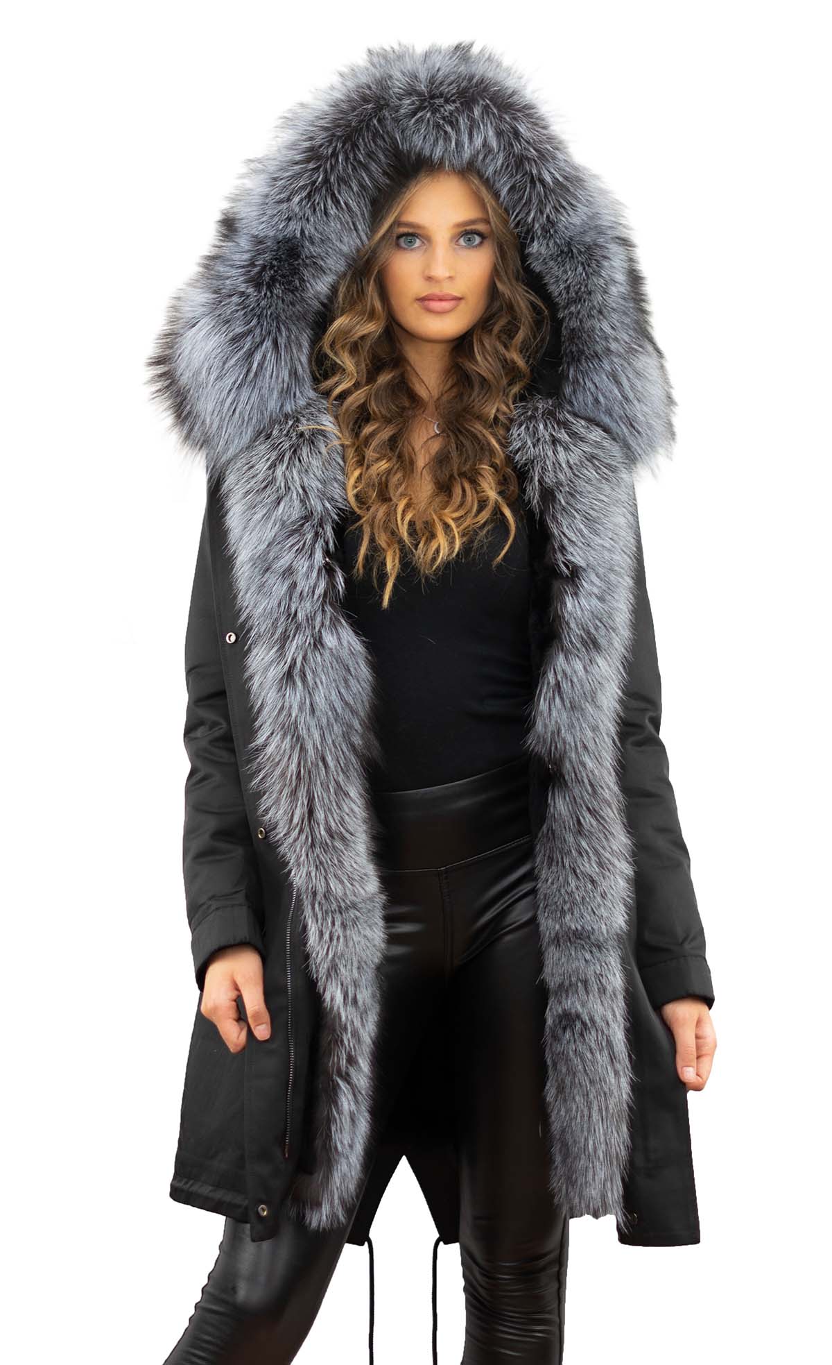 Winterparka schwarz xxlpelzkragen Echtfell Silberfuchs Echtpelz abknöpfbares Kaninfell