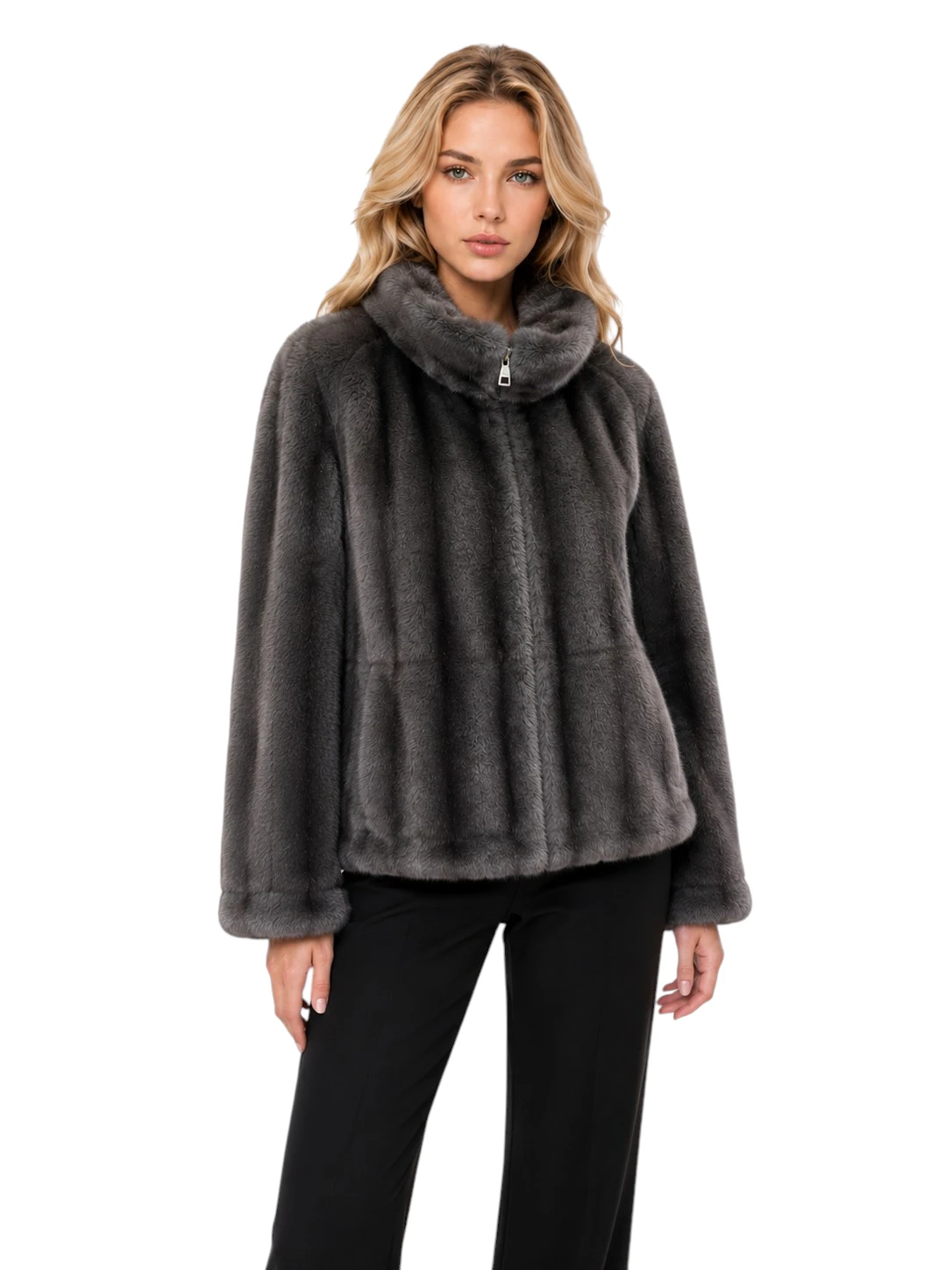 Graue Damen Faux Fur Jacke „Klara“ in Nerzoptik mit Kapuze