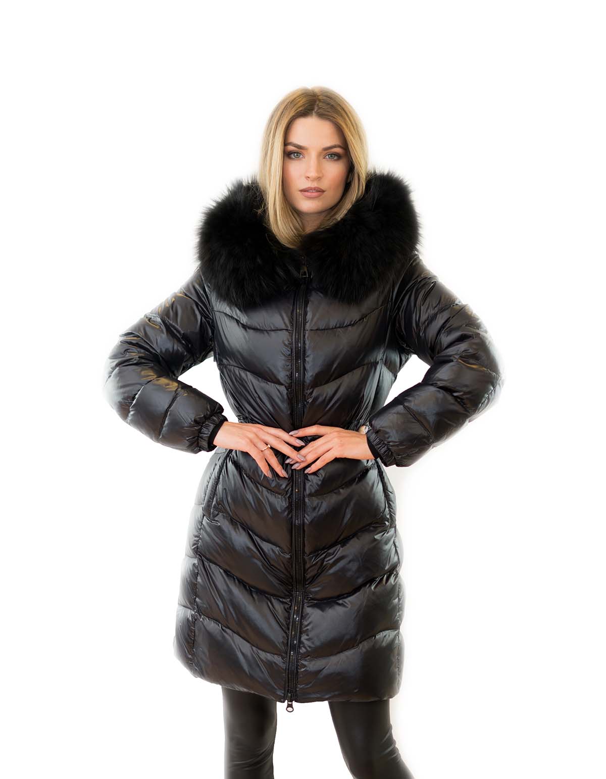 Daunenmantel mit Pelz Pufferjacke Pufferjacket mit Echtfell Echtpelz Pelzkragen