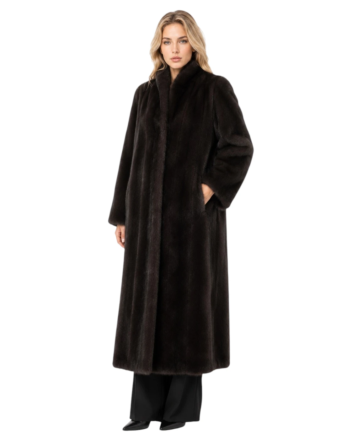Brauner Faux Fur Mantel Laufey mit Gürtel und langer Silhouette