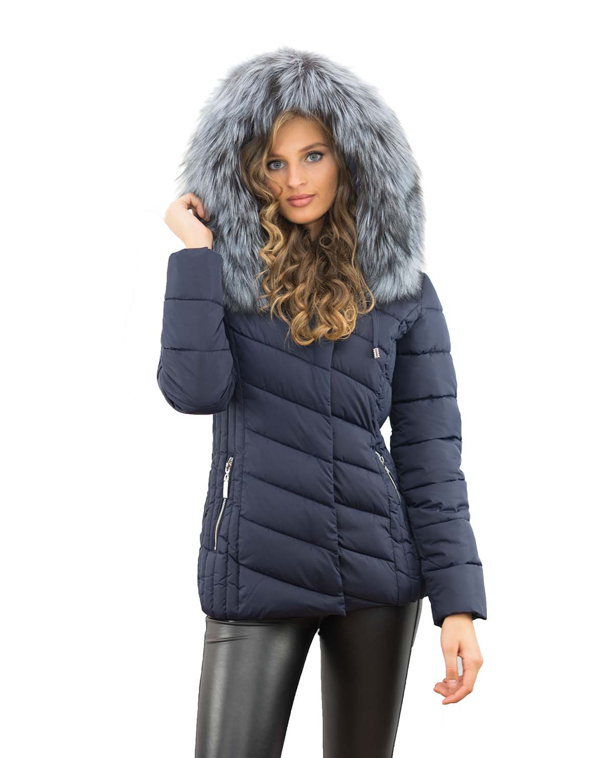 Damenjacke blau Farbe mit Echtfell Pelzkragen Silberfuchs