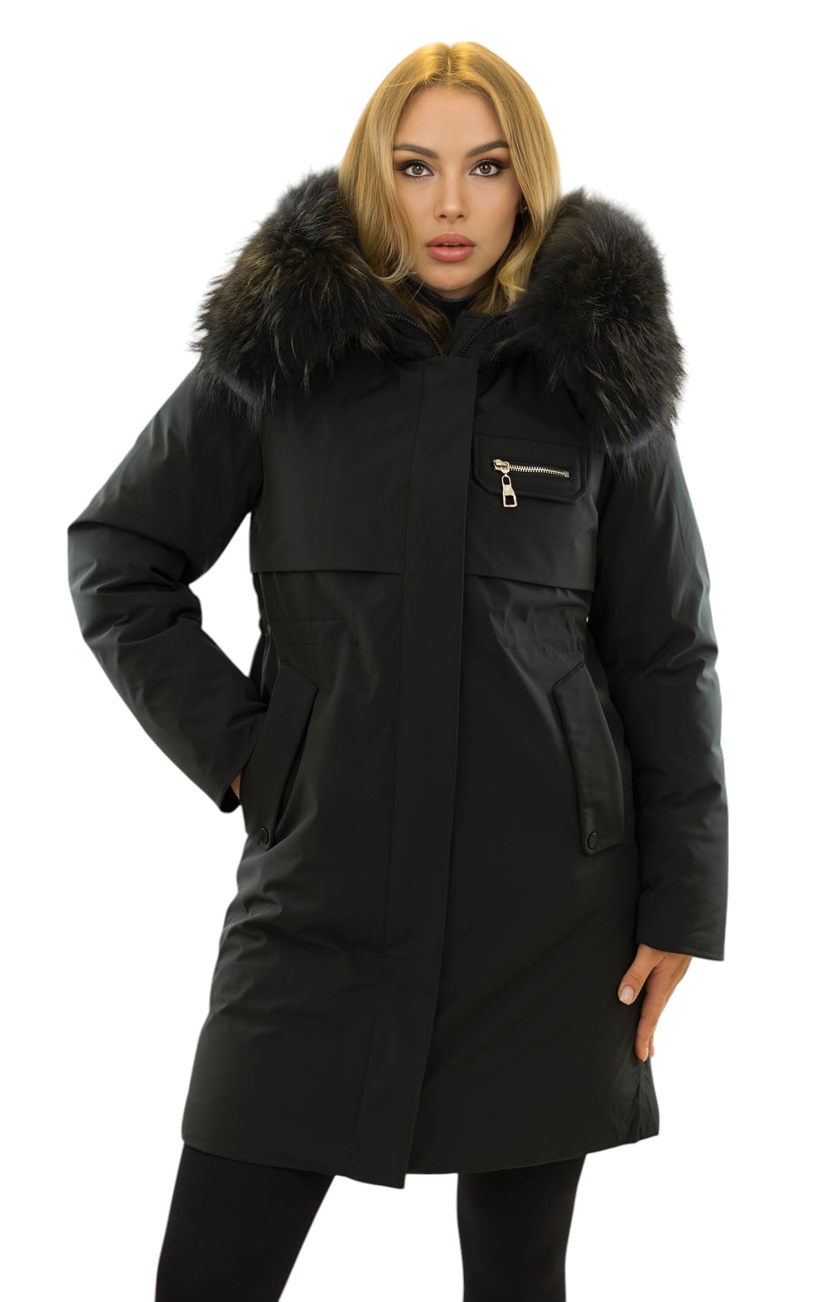 Winterparka Damen Schwarz mit Echtpelzkragen