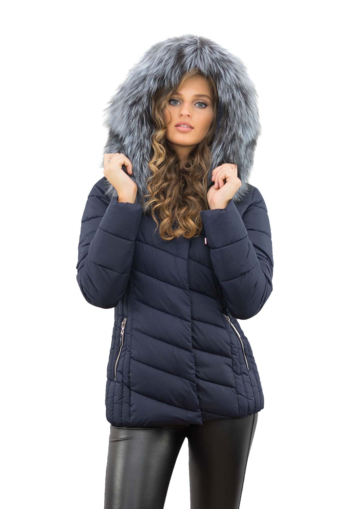 Winterparka Farbe blau mit Echtfell Pelzkragen Silberfuchs