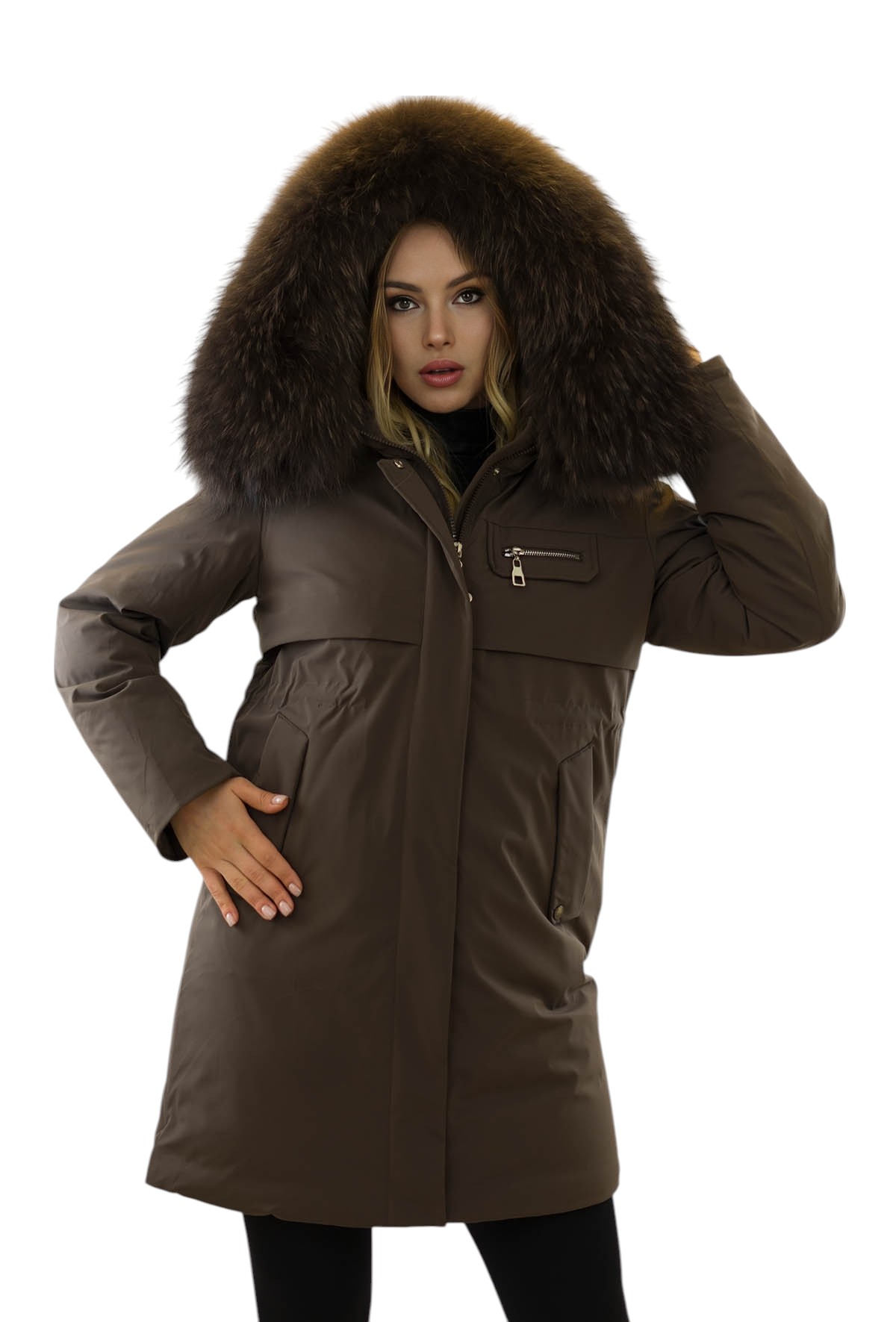 Damenparka mit Echtfellkragen Braun wasserabweisend