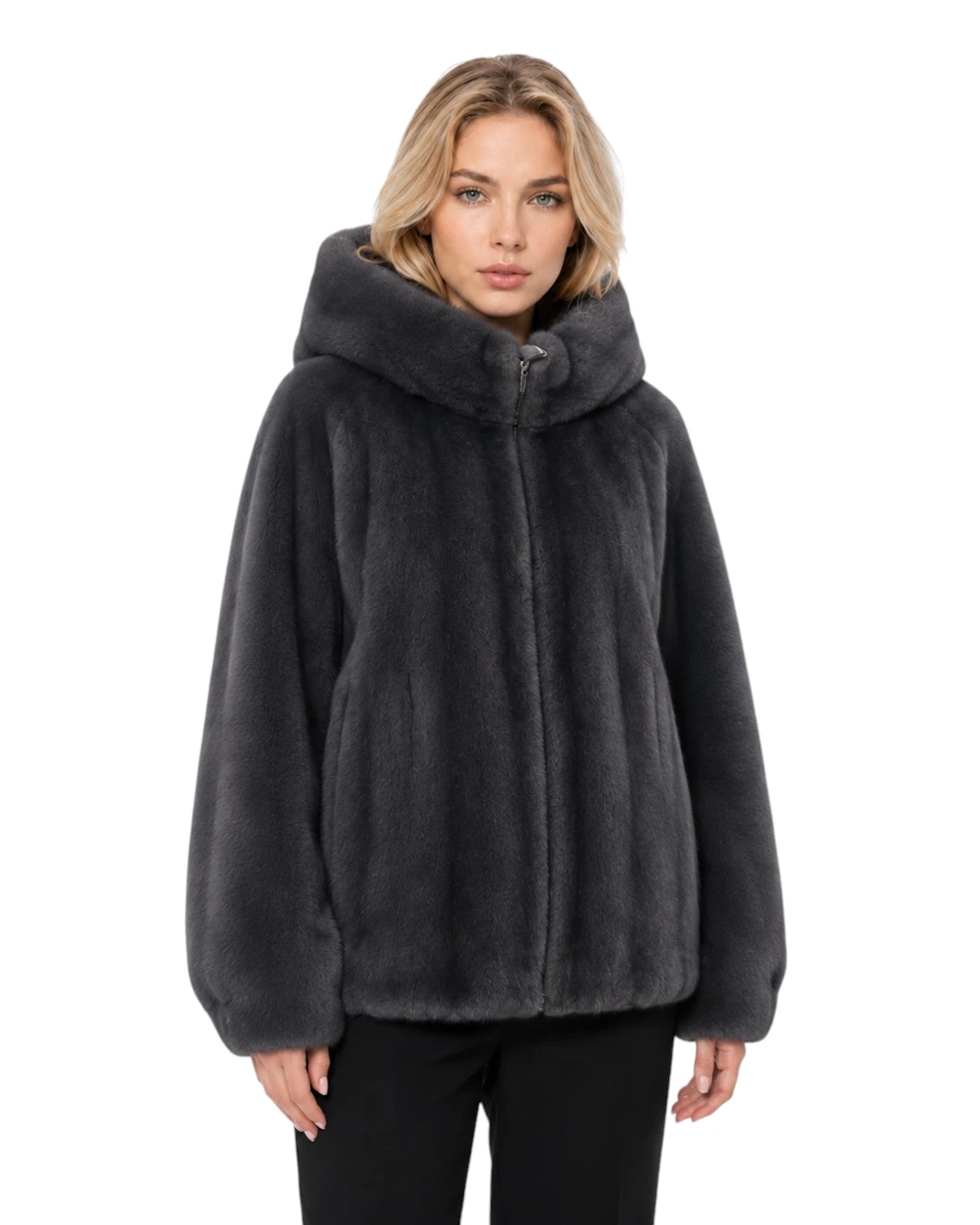 Damen Fake Fur Jacke Klara in Grau mit Kapuze und Nerzimitat Optik