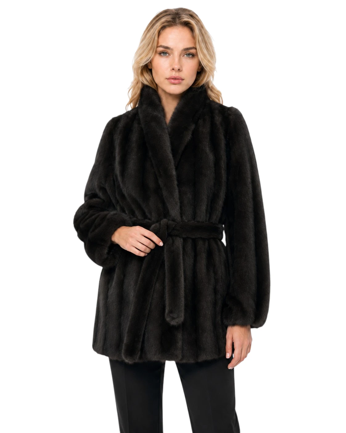Braune Kunstpelzjacke Elva für Damen mit taillierendem Gürtel