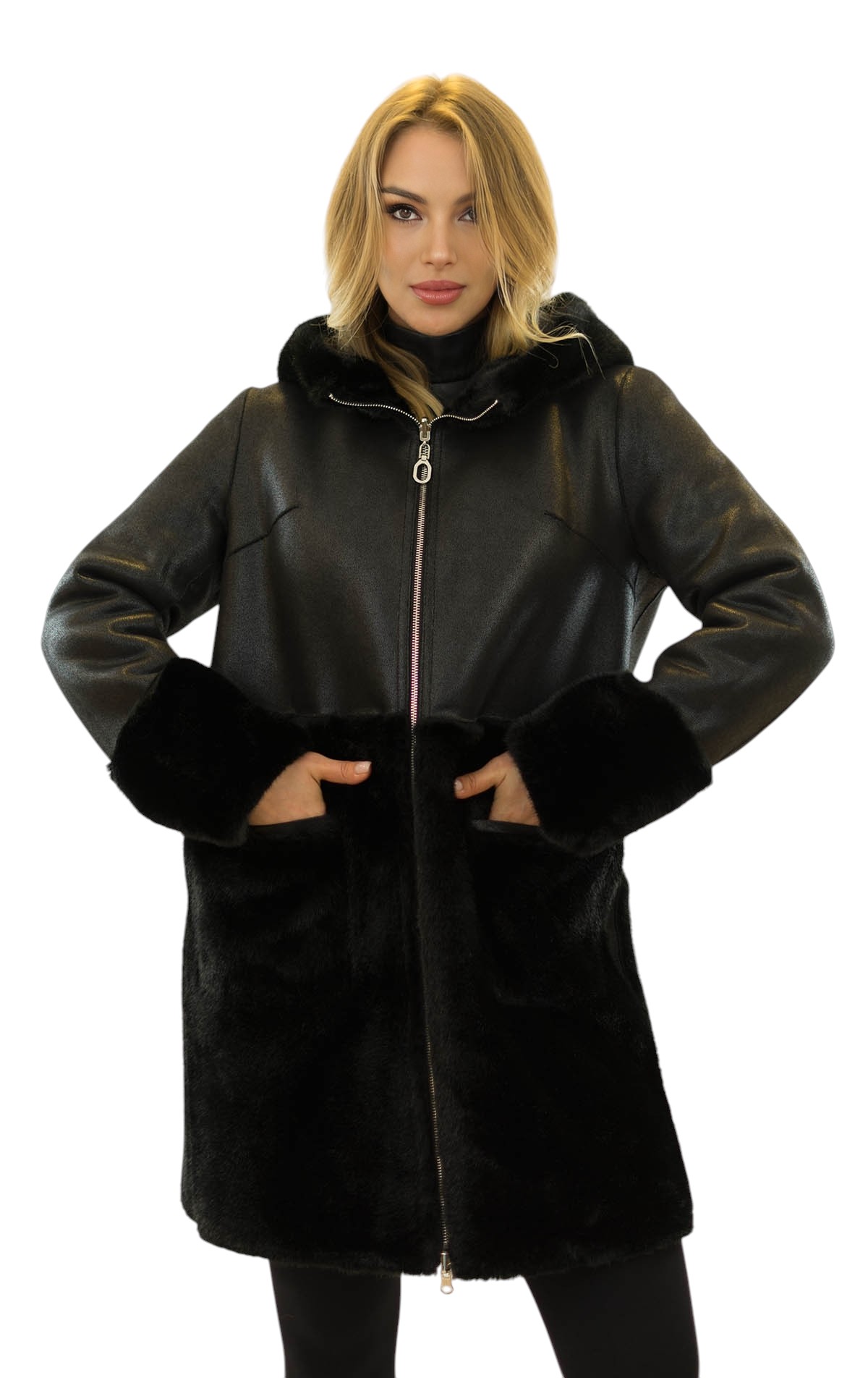 Wintermantel Damen wendbar Faux Fur in Nerzoptik mit Lederseite