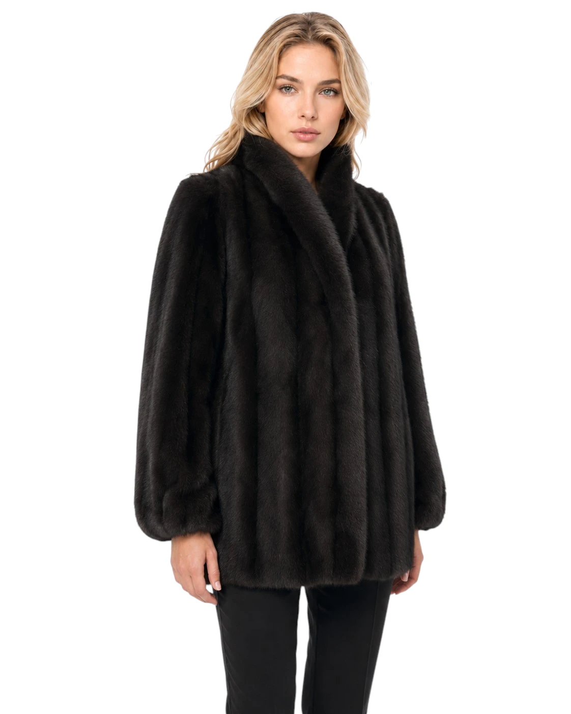 Braune Webpelzjacke Elva mit weicher Oberfläche und Gürtel