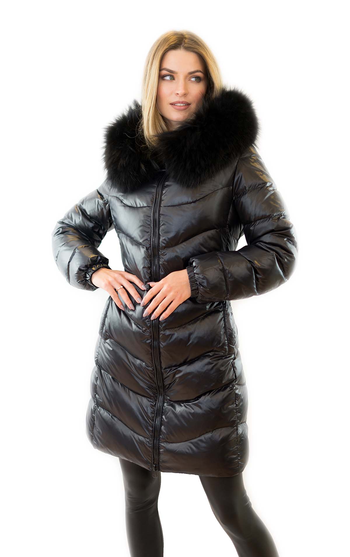 Daunenmantel mit Fell Pufferjacke mit Echtfell Finnraccoon Fellkapuze