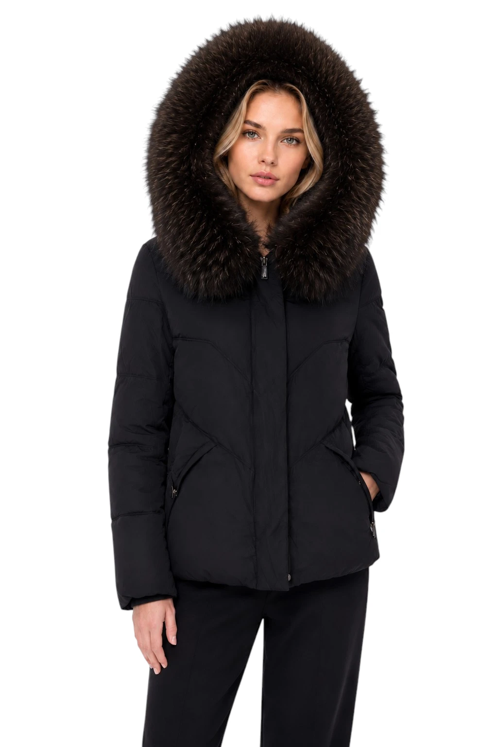 Sportliche schwarze Damen Winterjacke Odette mit abnehmbarem Echtfellbesatz
