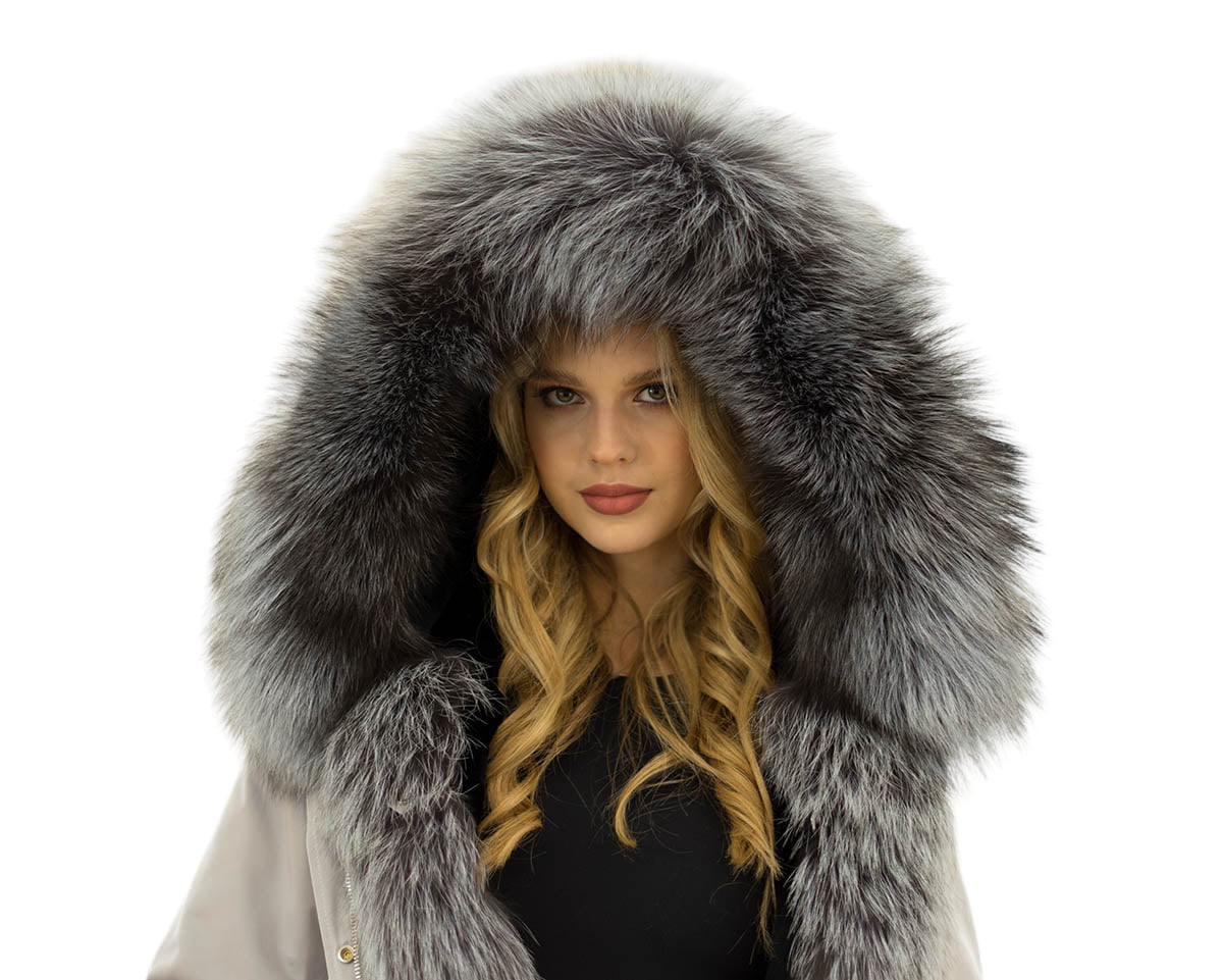 Parka Jacke mit XXL Pelzkragen Silberfuchs Innenfutter Rex Kaninfell