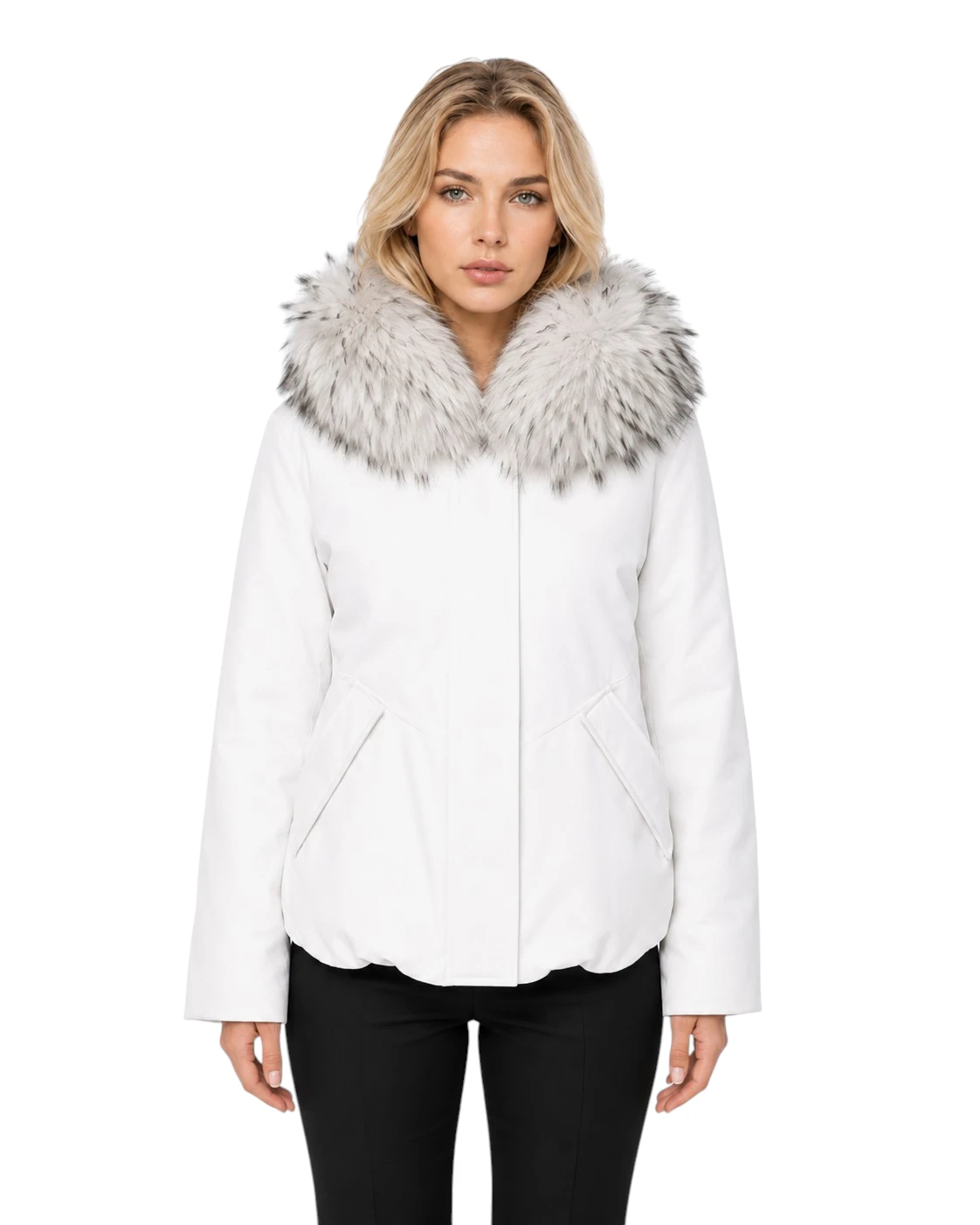 Weißer Winterparka Julia für Damen mit Pelzkragen und Kapuze