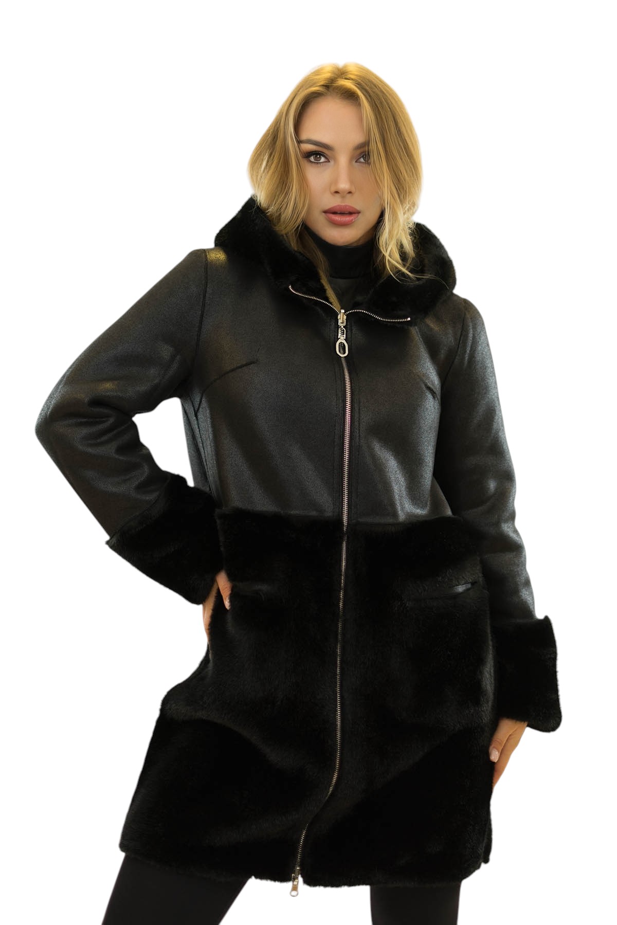 Inga Mantel mit Kunstpelz Nerzlook und Outdoor Lederoptik