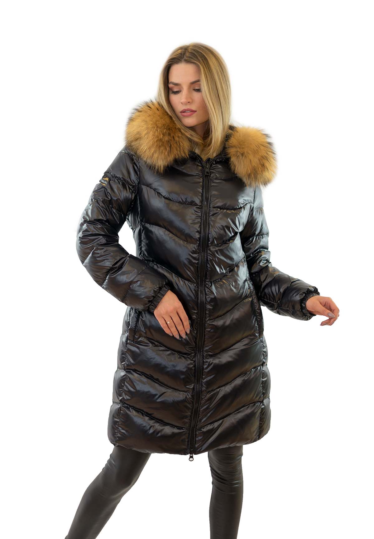Daunenmantel mit Fell Pufferjacke mit Echtfell Finnraccoon Fellkapuze