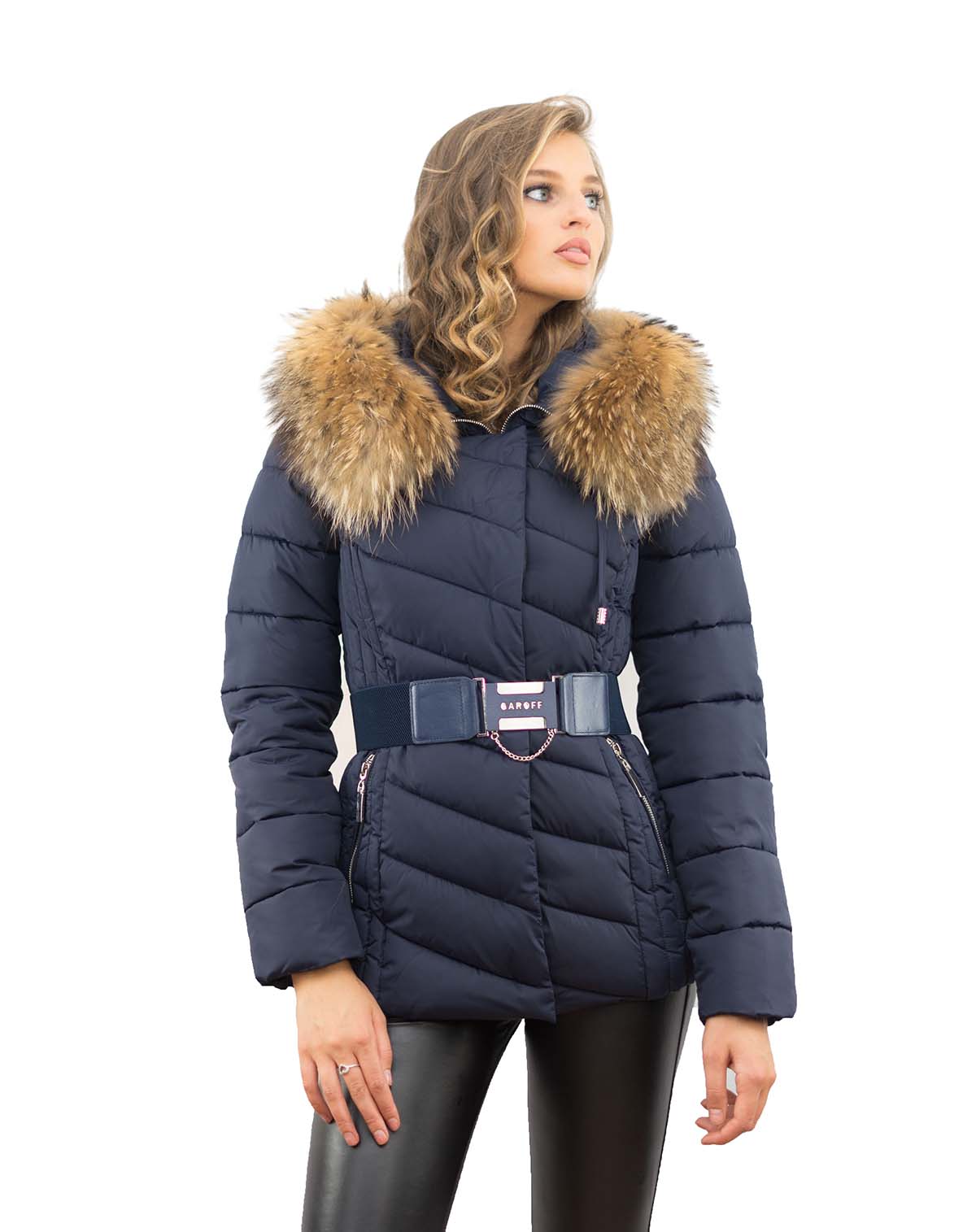 Damenjacke blau Farbe mit Echtfell Pelzkragen Silberfuchs