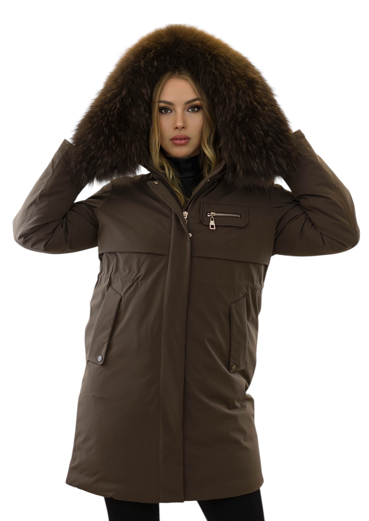 Braun gefütterter Damenparka mit Echtpelzkragen