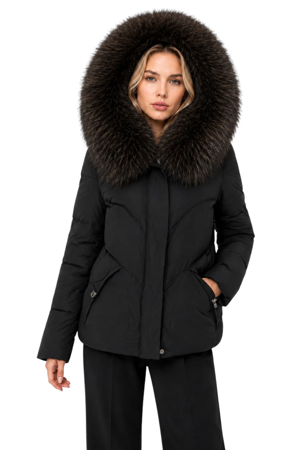 Schwarze Damen Winterjacke Odette mit sportlichem Schnitt und Pelzkapuze