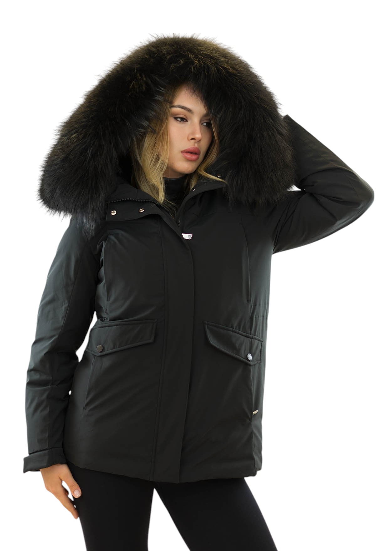 Damenparka aus Echtfell Schwarz mit Pelzkapuze