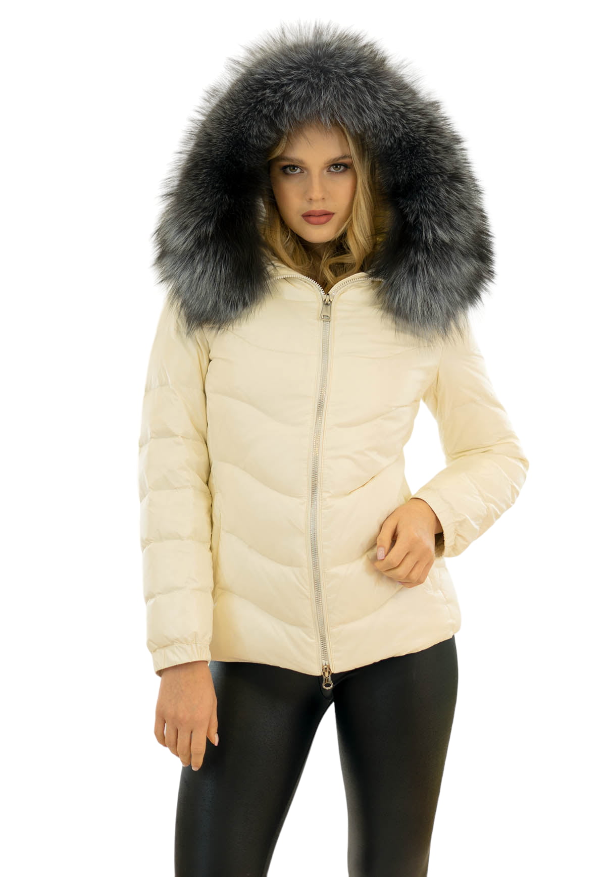 modische daunenjacke mit echtem silberfuchs fellkragen