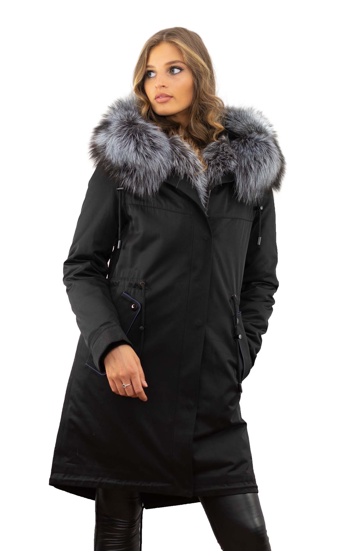 Winterparka schwarz xxlpelzkragen Echtfell Silberfuchs Echtpelz abknöpfbares Kaninfell