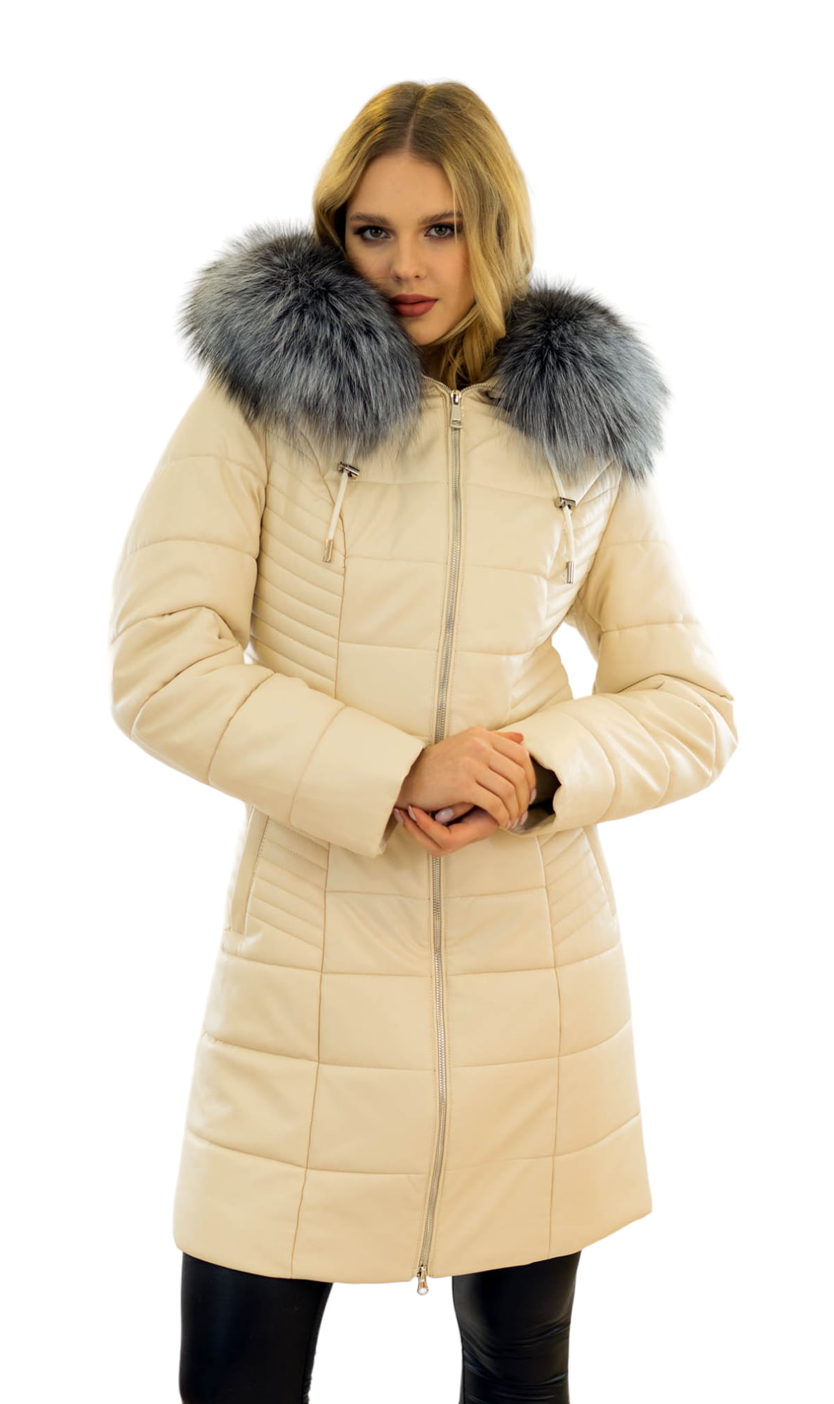eco leather coat with genuine silver fox fur collar