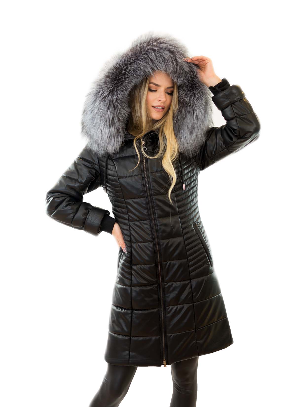 Eco Ledermantel schwarz mit Echtpelz Echtpelzkragen Silberfuchs xxlpelzkragen Eco Leder Kamelhaarfüllung