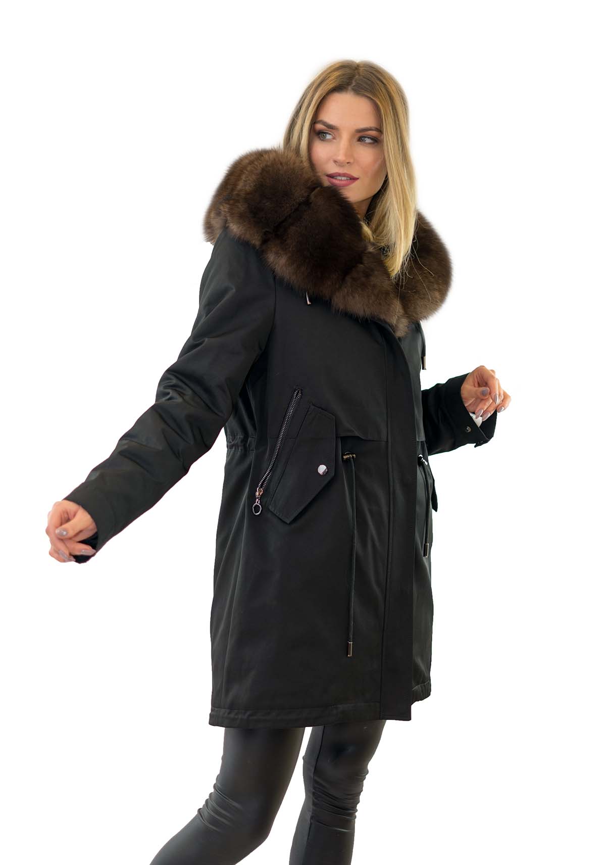 Damenparka mit Fell xxl Pelzkragen aus Fuchs Echtpelz Innenfell Rex Kaninfell