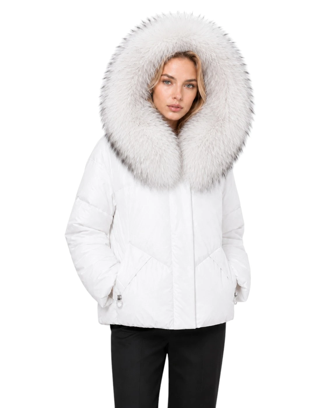 Damen Winterjacke Chantal in Weiß mit Finnraccoon Pelzkragen