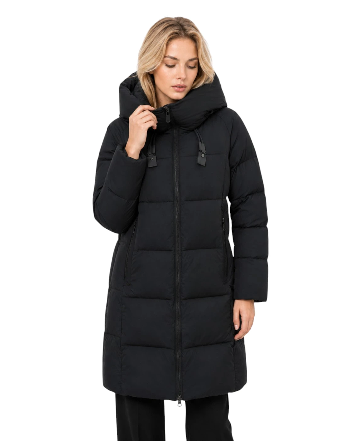 Knielange schwarze Steppjacke Freja für Damen