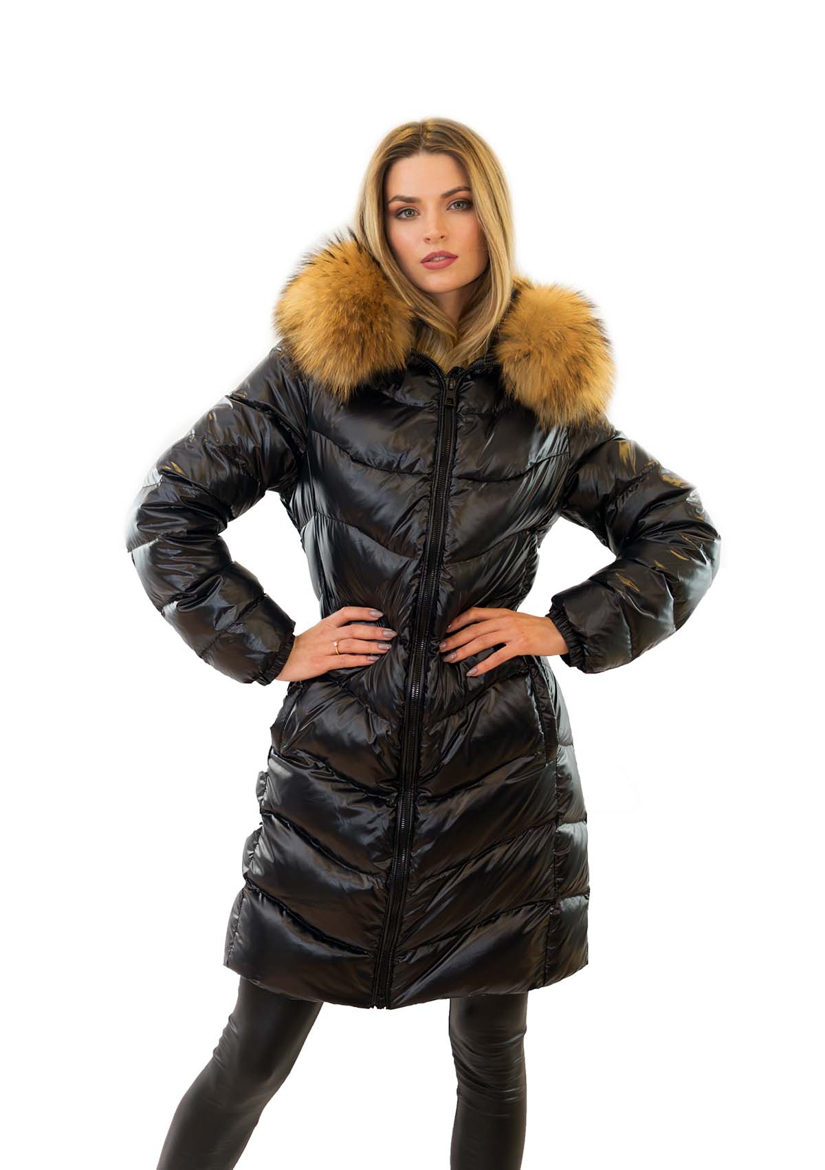 Daunenmantel mit Fell Pufferjacke mit Echtfell Finnraccoon Fellkapuze
