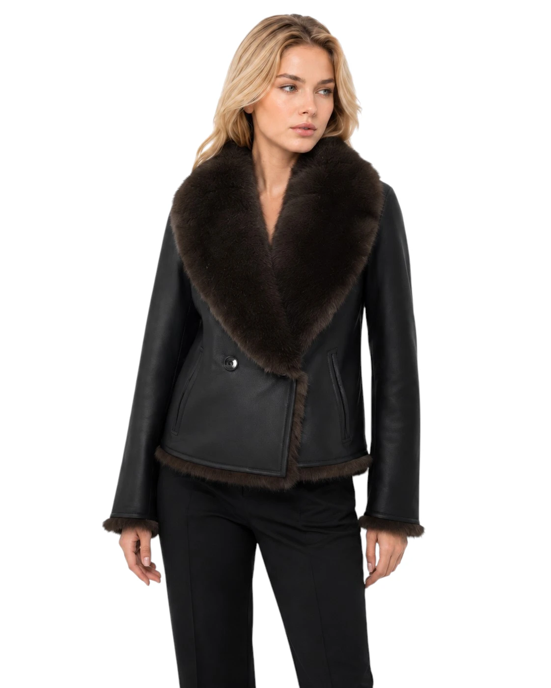 Kurze Damen Wendejacke Beate in Lederlook mit Lammfelloptik