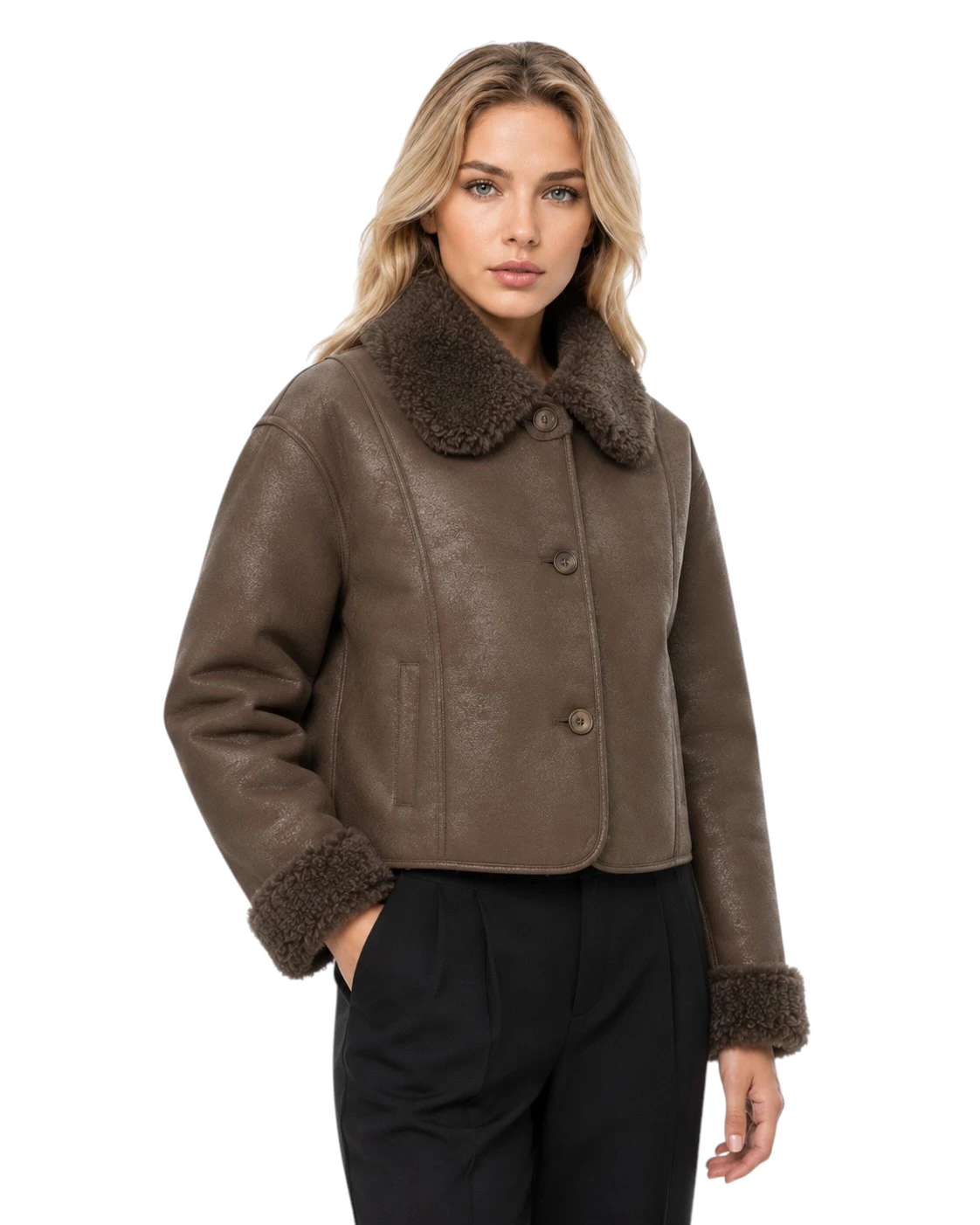 Kurze Damen Wendejacke „Valdis“ in Lederoptik mit Teddyfell in Lammfelloptik
