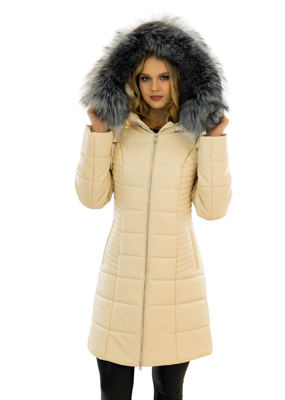 trendy eco leather coat with silver fox fur trim
