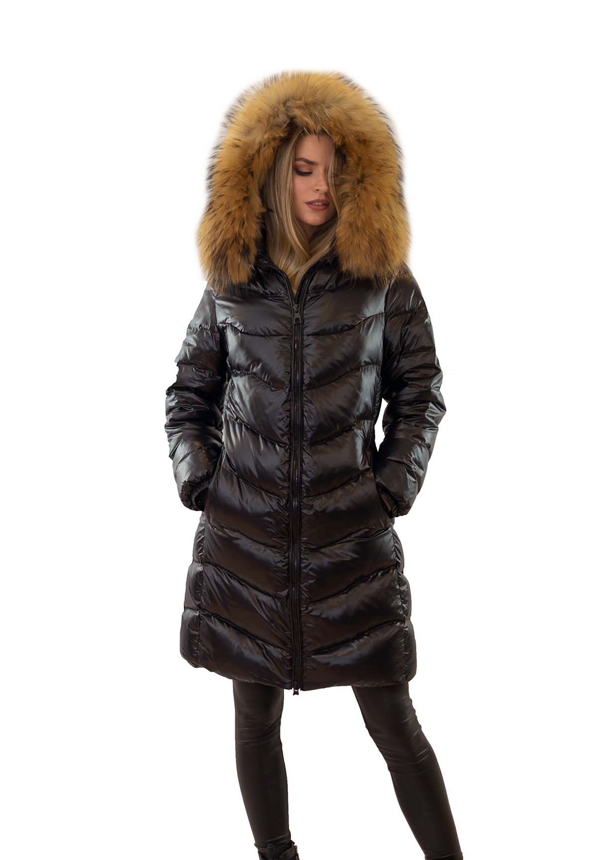Daunenmantel mit Echtpelz Pufferjacke mit Echtfell Finnraccoon Fellkapuze