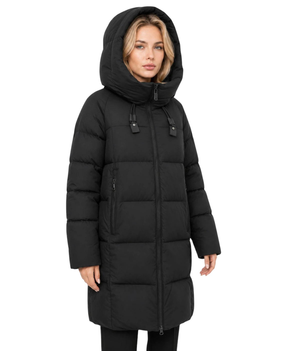 Schwarze wattierte Damenjacke Freja mit langer Form
