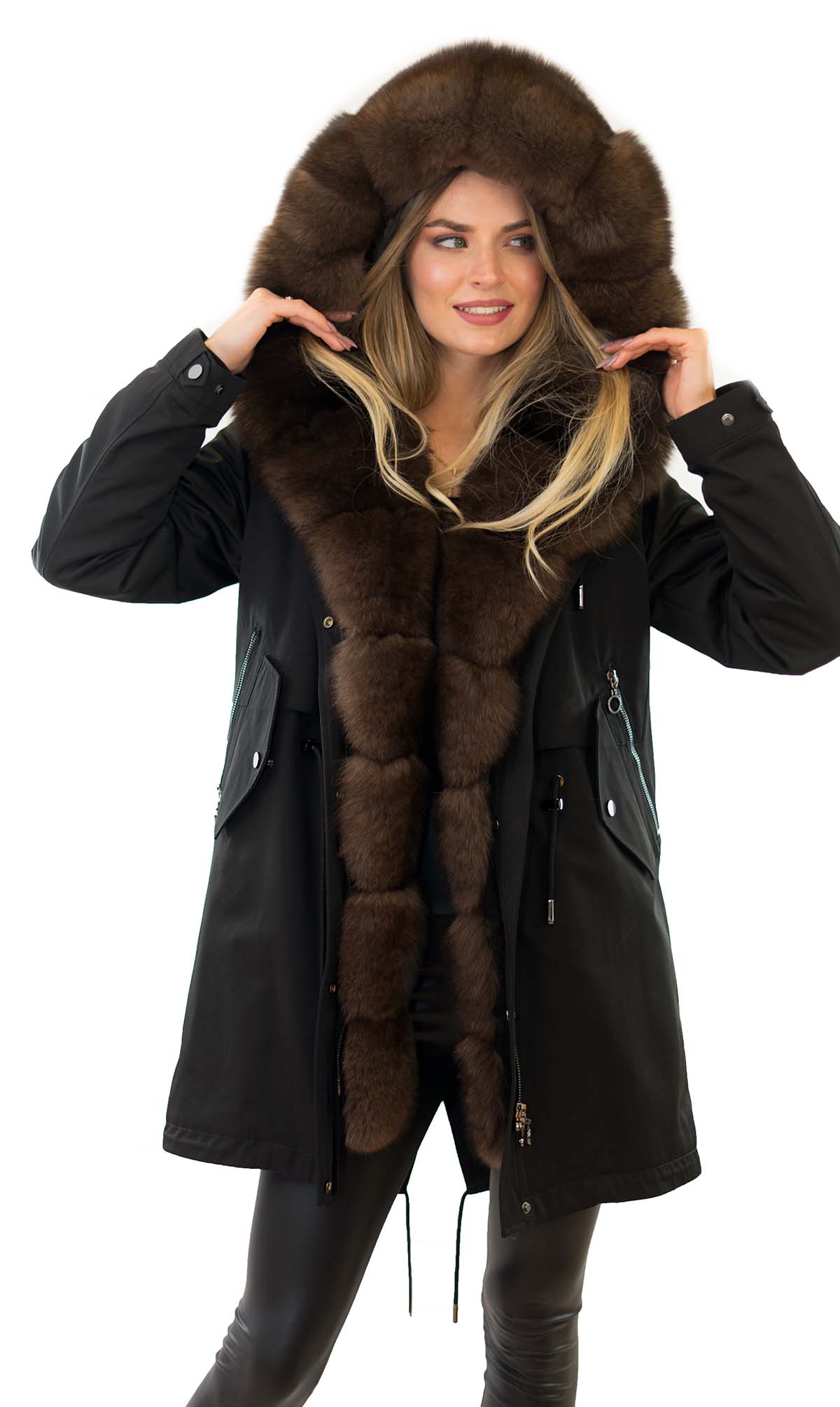 Winterparka schwarz mit Echtfell Pelzkragen Fuchs Echtes Fell Innenfutter Kaninfell