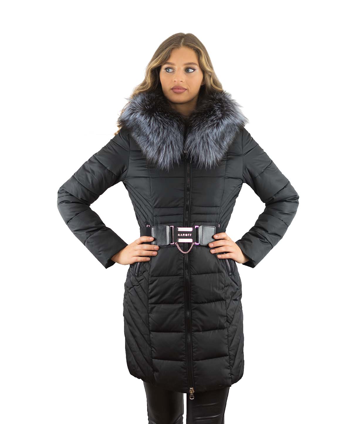 Winterparka Farbe schwarz mit Echtfell Pelzkragen Silberfuchs