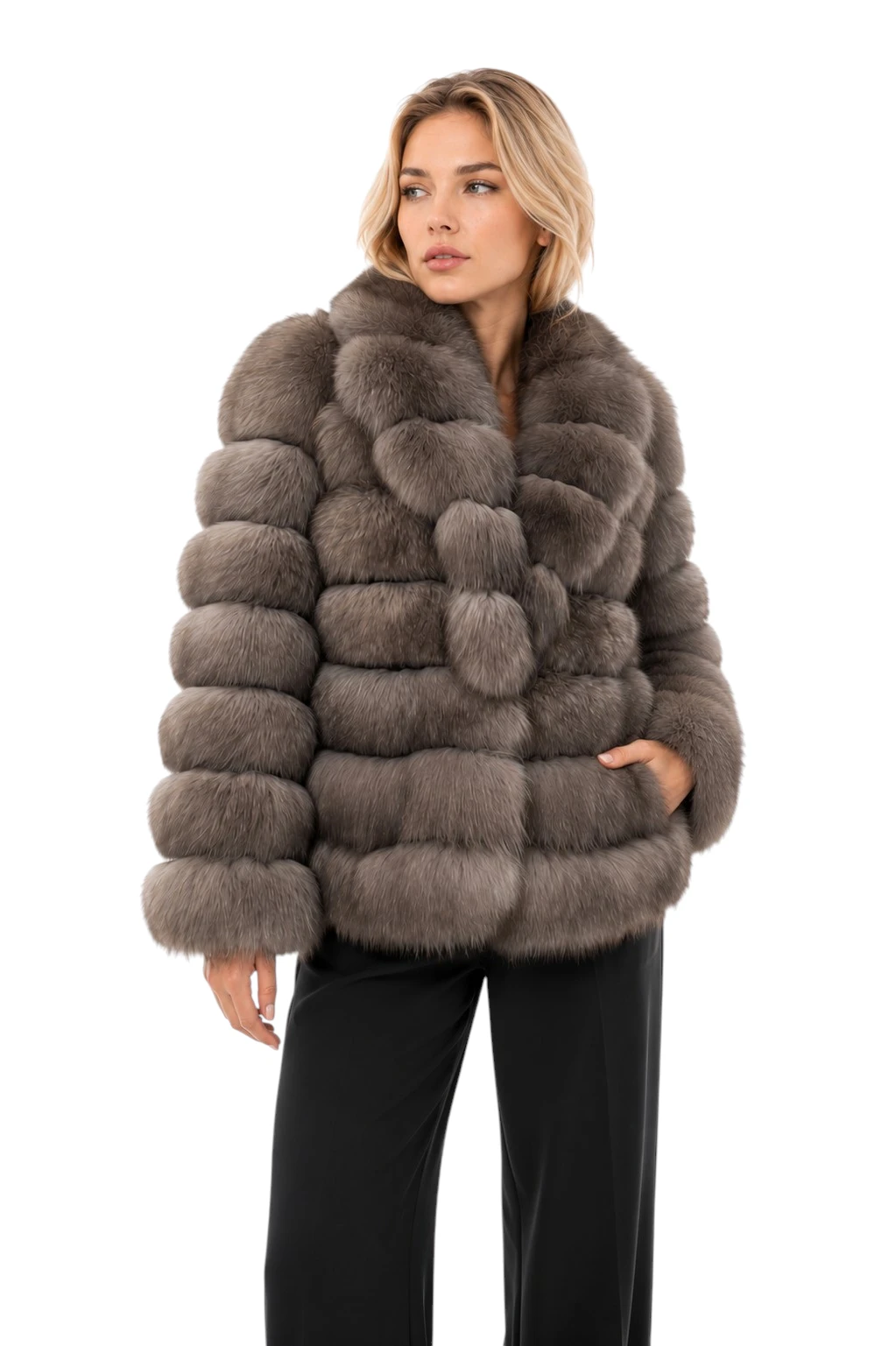Fuchsfelljacke Liv in Graubeige mit weicher dichter Fellstruktur