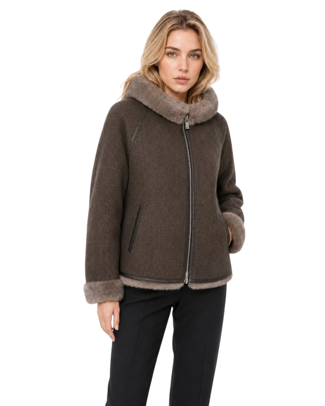 Kurze braune Damenjacke Tina wendbar mit Stoffseite und Webpelz