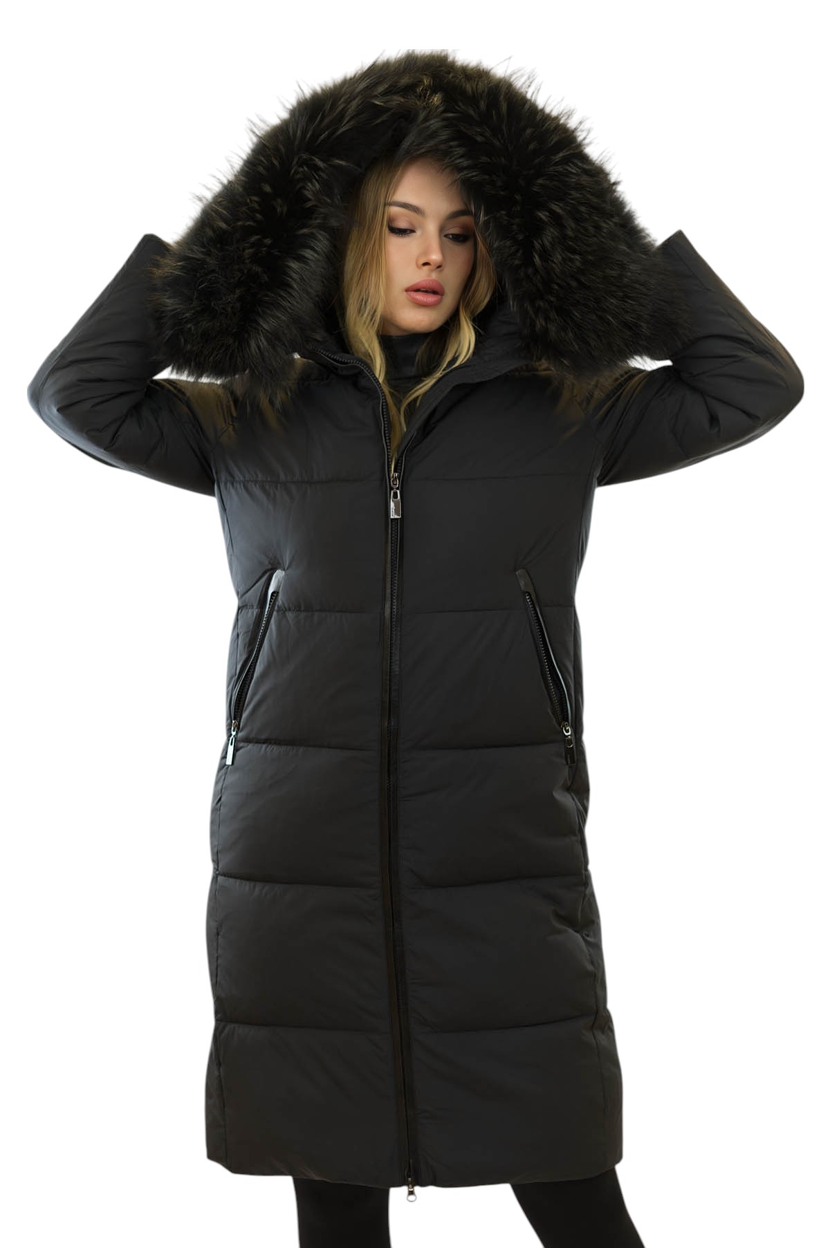 Schwarzer Langer Wintermantel für Damen mit Naturfell von Pelzchen