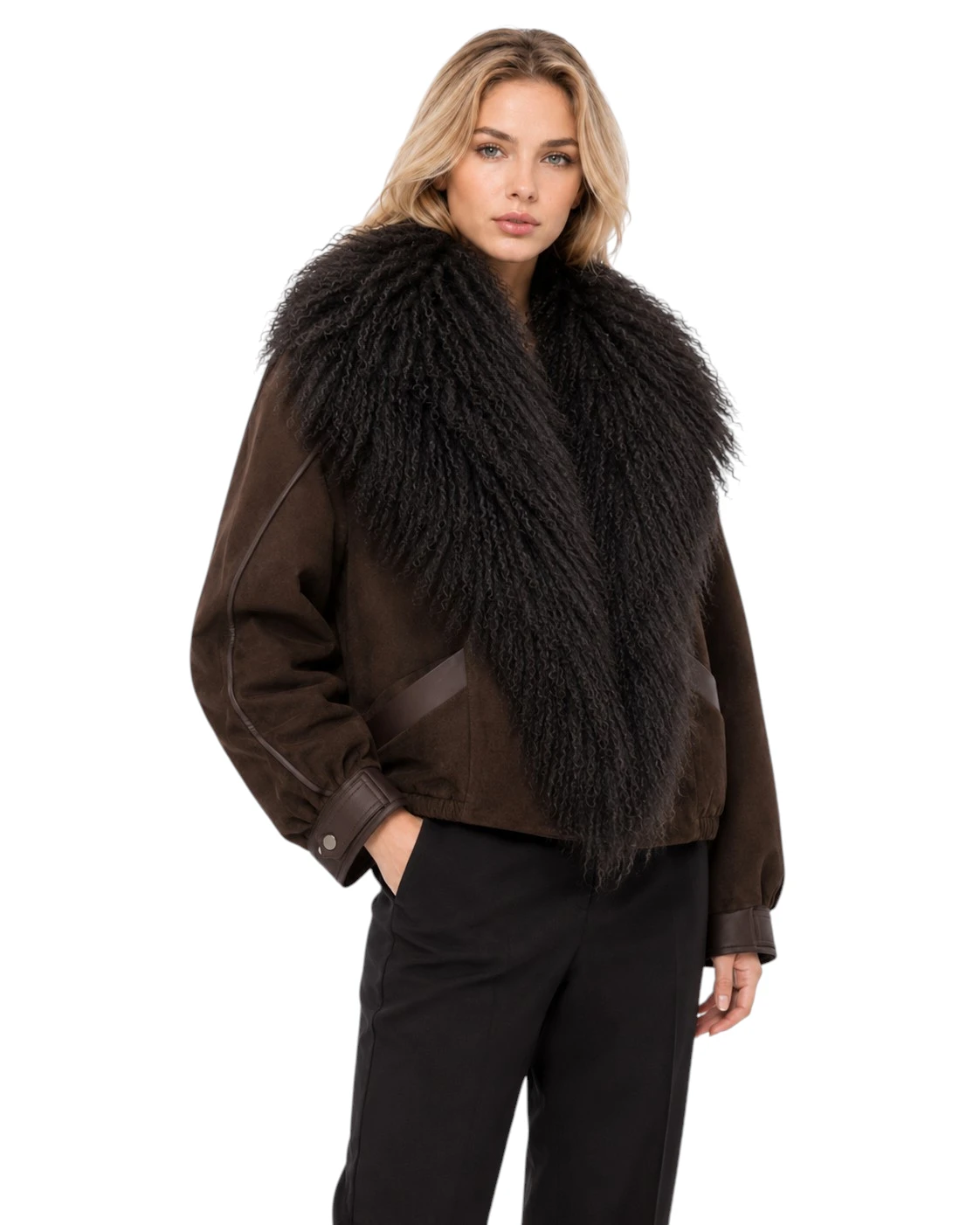 Braune Winterjacke Damen mit abnehmbarem Tibetlamm Pelzkragen