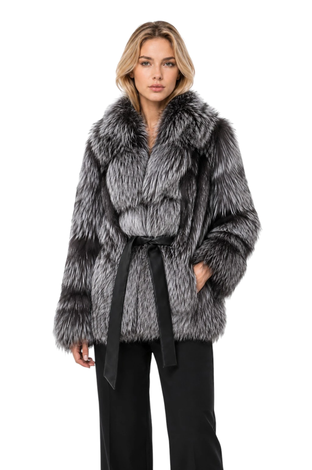 Damen Echtfelljacke Skadi aus Silberfuchs mit Gürtel