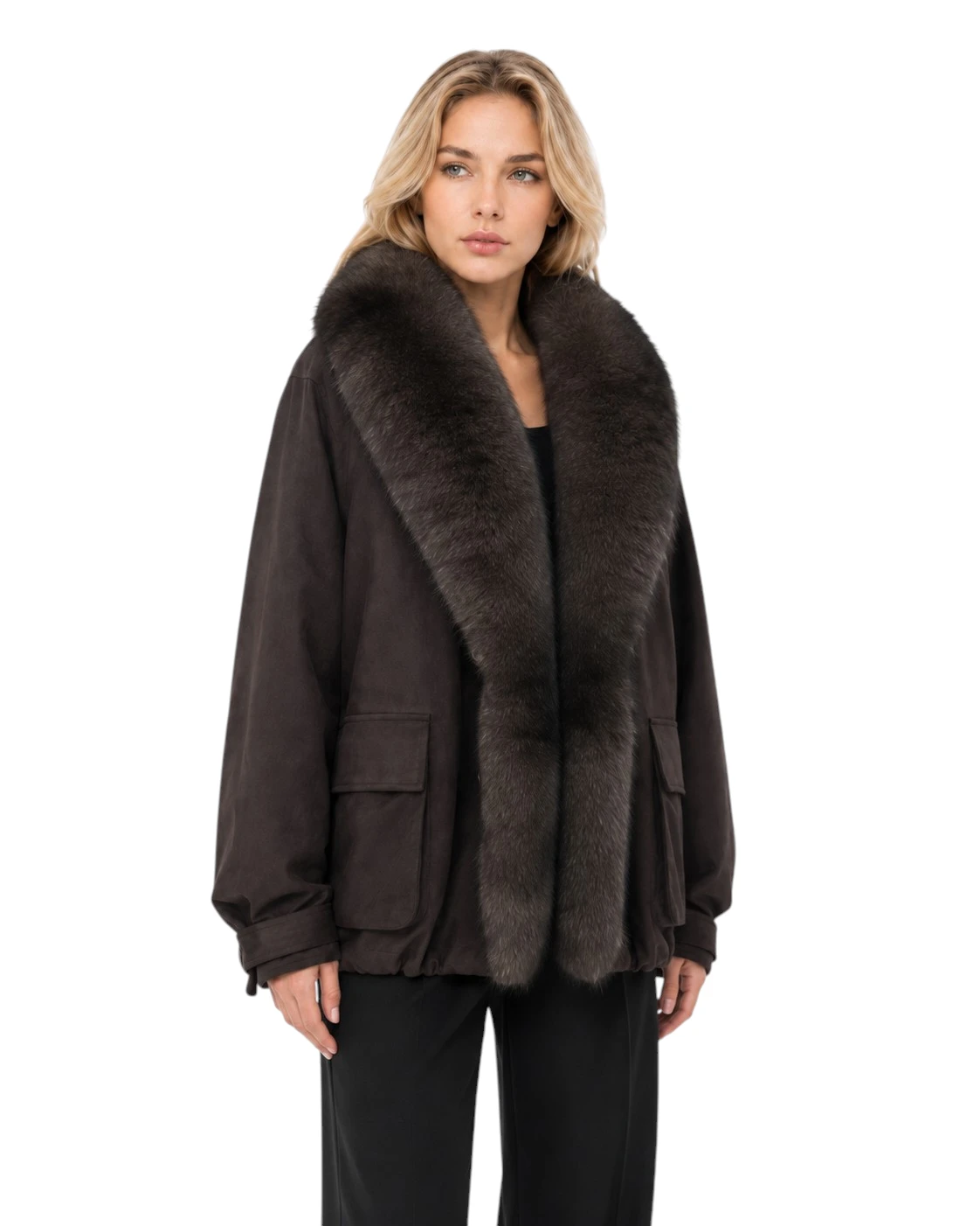 Brauner Damen Daunenparka „Isabella“ mit Fuchsfell und Veloursoptik Kopie