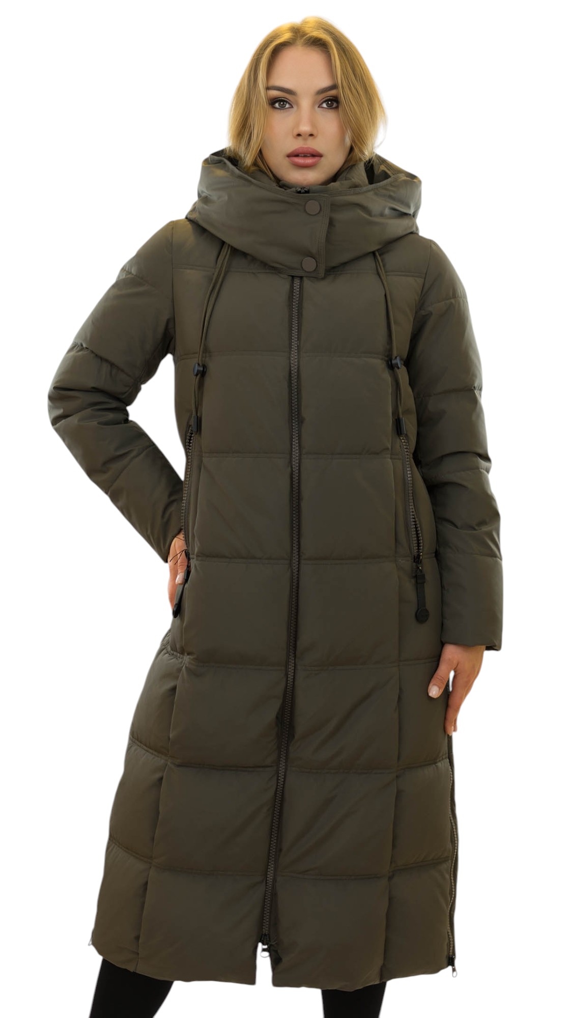 Langer gefütterter Steppmantel Khaki für Damen